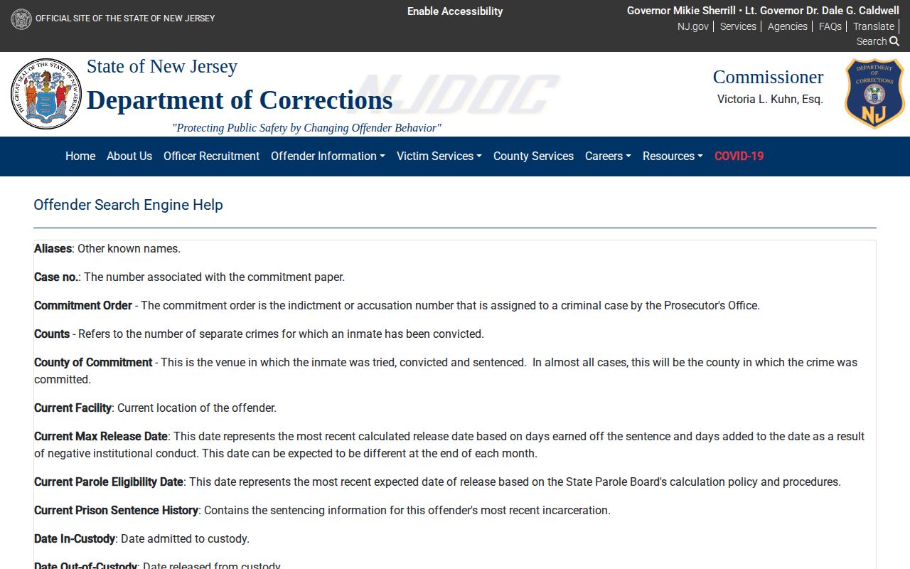 Hudson County release date lookup showing NJDOC calculated date definitions