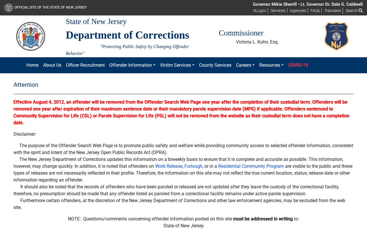 Hudson County released inmate NJDOC search and Date Out-of-Custody fields